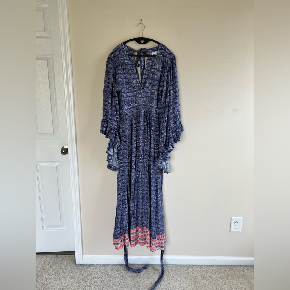 Olivaceous Maxi Dress Kimono Ruffle Sleeve Blue Waist Tie Cottage Core